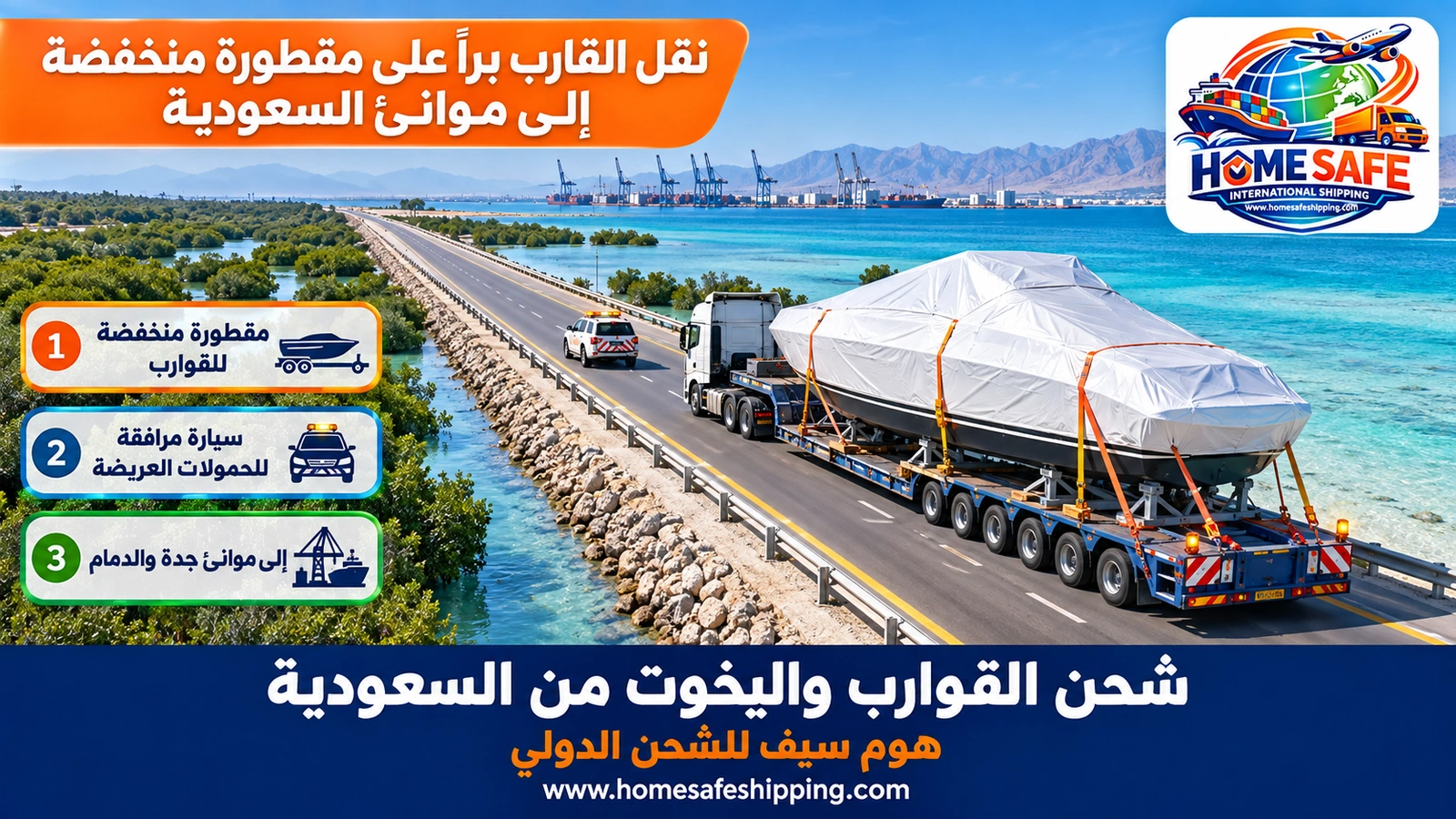 نقل القارب براً على مقطورة منخفضة إلى موانئ السعودية
