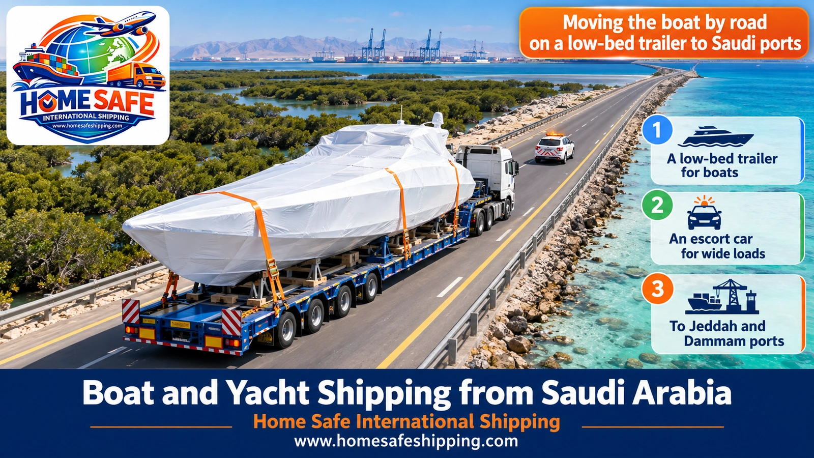 Moving the boat by road on a low-bed trailer to Saudi ports